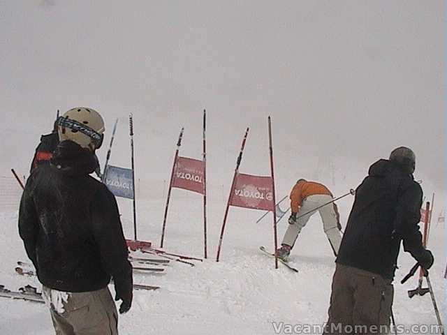 Marcus (who finally won the men's ski division) heads off into the fog