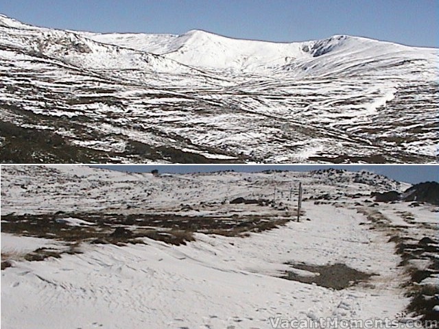 Main range from Charlotte Pass & the snow covered road below Seaman's Hut