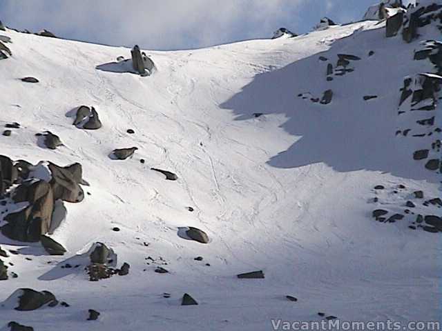 North face of Signature Hill - the vertical scar - centre slope - is mine (oops)