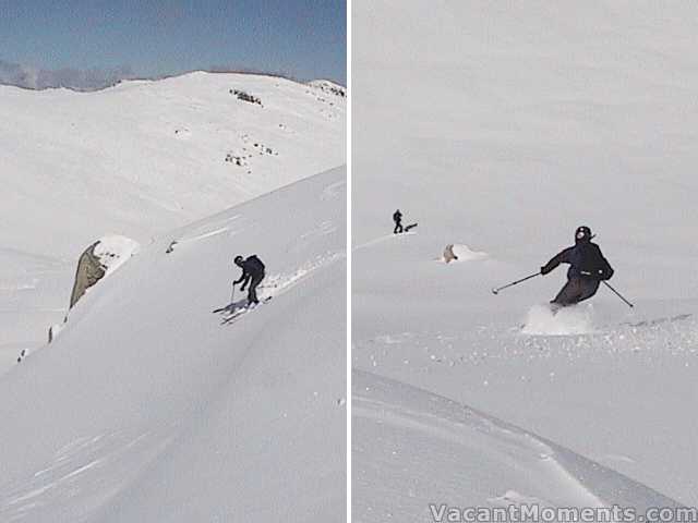 Peter dropping off the south ridge towards Jackie below