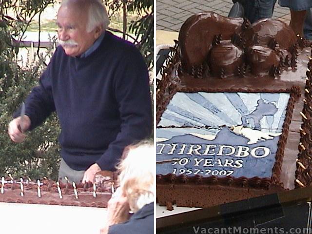 Frank Pihroda with knife and the moist and tasty chocolate cake