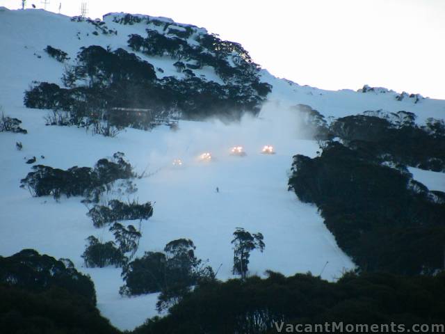 Grooming under the snow guns in preparation for the Saturday flare run