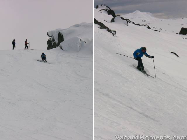 Lucky Phil, off the rock and into a tuck<BR>(Etheridge in the background)