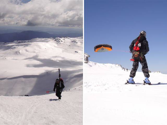 Waz climbing out of Leatherbarrel and then kiting on main range<br>photos c/- Traktorman