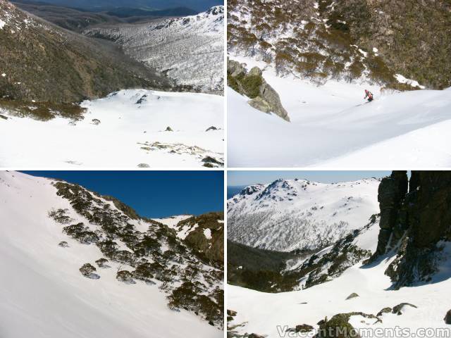 Saturday  Looking into Champagne Bowl. Rosco drops over the bottom ridge<BR>Looking across the bowl, half way down. Looking back hald way up the climb out