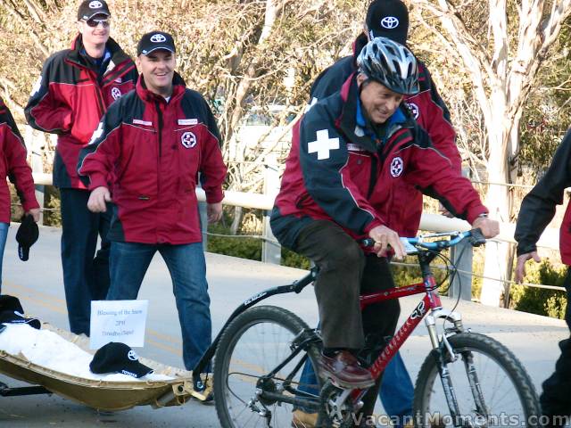 Tommy testing the latest green technology to be employed by Ski Patrol