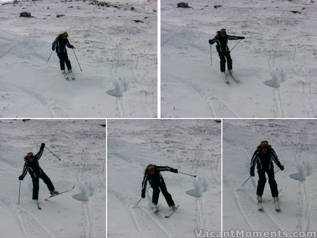 Marion looking at the divot she created on the way up the hill