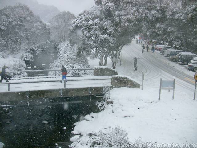 View from the bridge - note the snow covered road - freshly graded