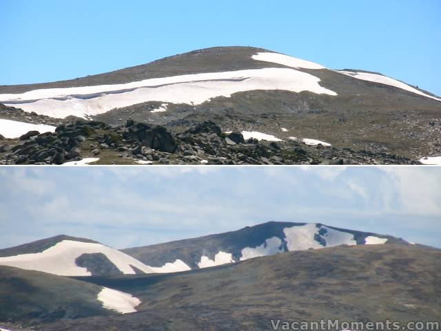 Mt Kosciuszko and what looks like tracks on the Club Lake chutes