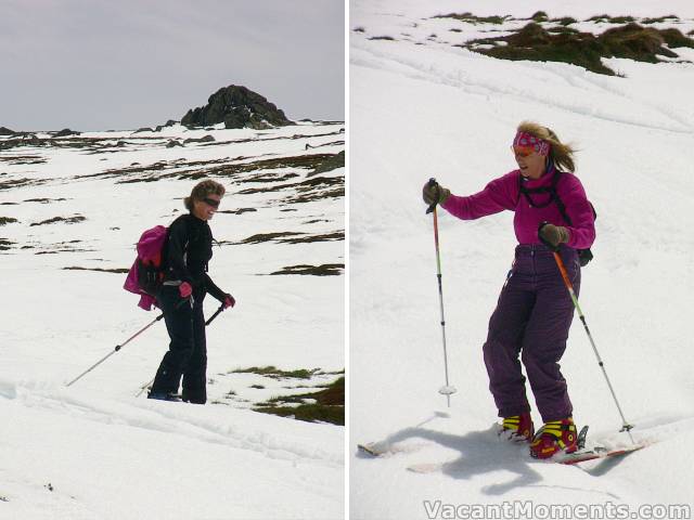 The girls skiing back to the bridge