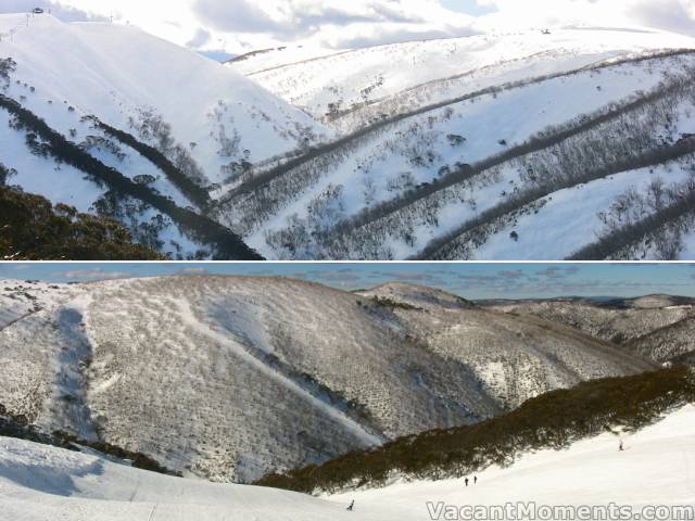 Open slopes drop into the ever-steepening gullies