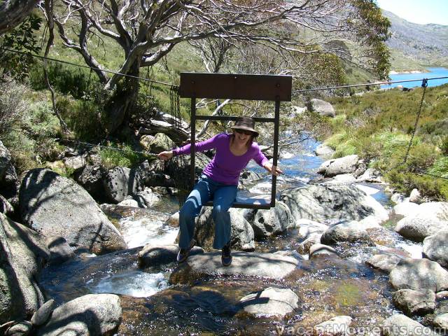 Annie riding the Flying Fox / Wombat