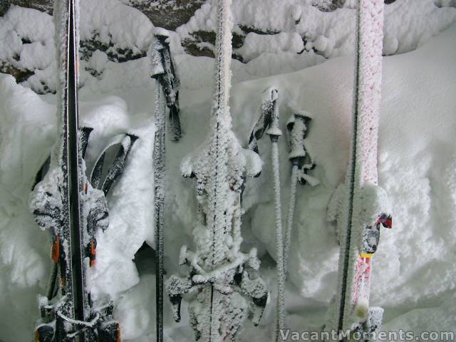 My skis (centre) frosted during lunch at Eagles Nest