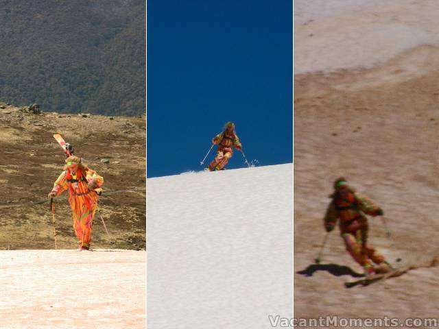 Marion in a historic NZ ski team suit<br>Camouflage suit for the red snow