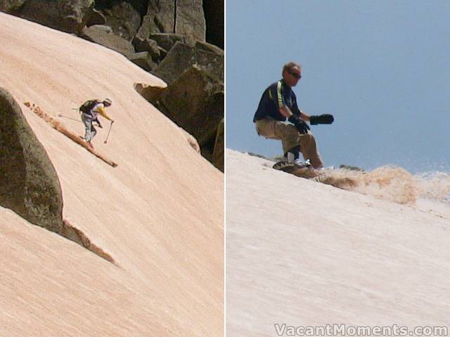 Moi entering the steeper section of the North Face<br>Callum spraying the red