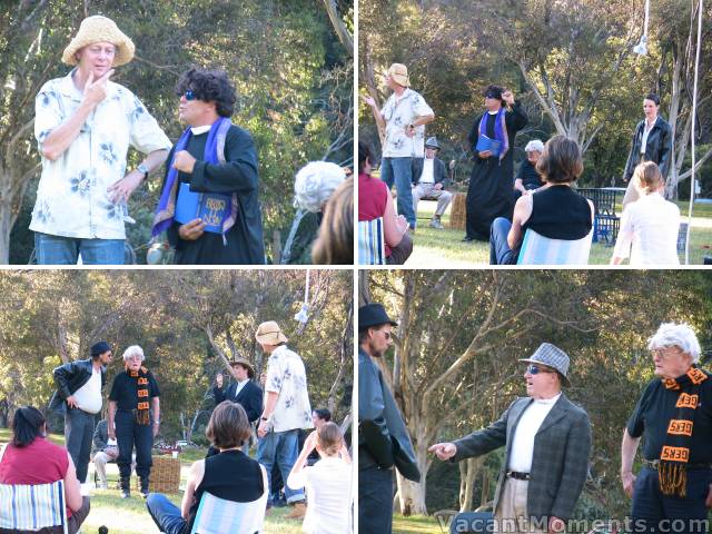 Whilst the cast, awaiting call, sit amongst the crowd