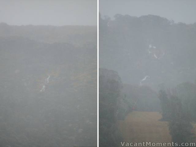 Huge waterfalls cascading down the mountain in the heavy rains<br>Swaggies and above & below top of Gunbarrel