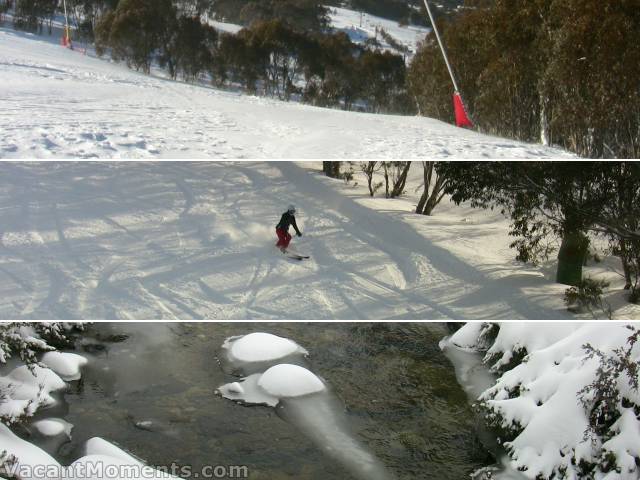 Variable snow on WC, Linda later on WC, Bogong Creek