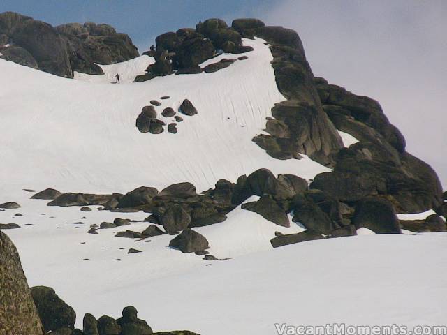 Amongst the crowds; Jax, Traktorman & Button climbing Pyramid on snowshoes