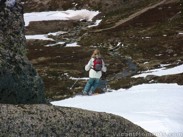 Marion near the top of the main face with the bridge below