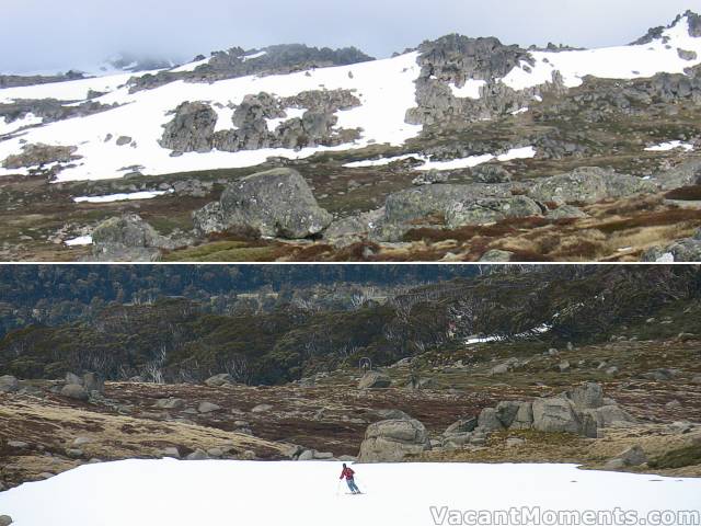 Looking from the top of Summer Drift back to Signature Hill today<BR>Front Face on the left, North Face in the centre, then Back Door with Everest extreme right<BR>Marion on Summer Drift today with the Alpine Way way below