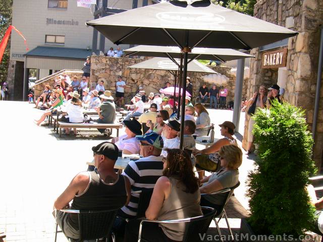 Some of the audience outside Squatters Run in the square