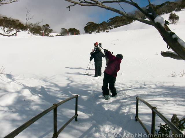 Snow now up to lower railing on new bridge over Bogong Creek