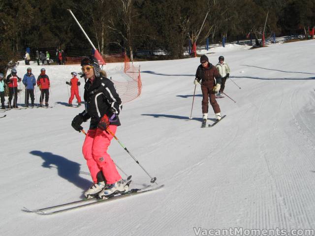 Skiing in your nineties you deserve an escort - Marion in front and Lynne at the rear