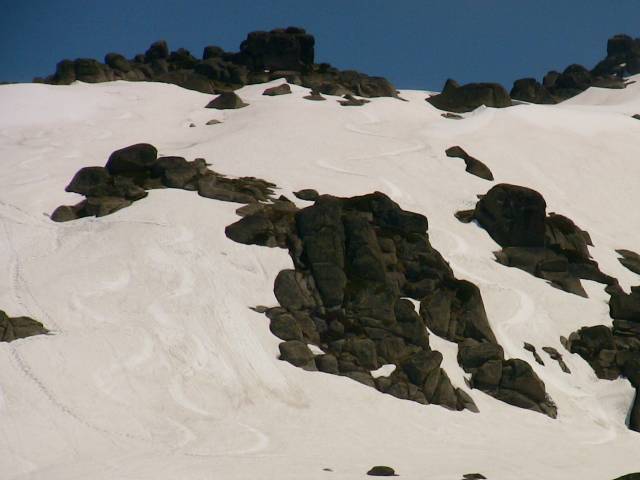 Fun turns down the chute with air at bottom<BR>and a run down the step part of the Main Face beside Acacia's turns yesterday