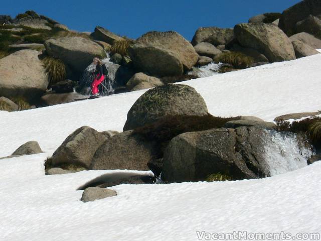 Marion skiing beside 'her' waterfall