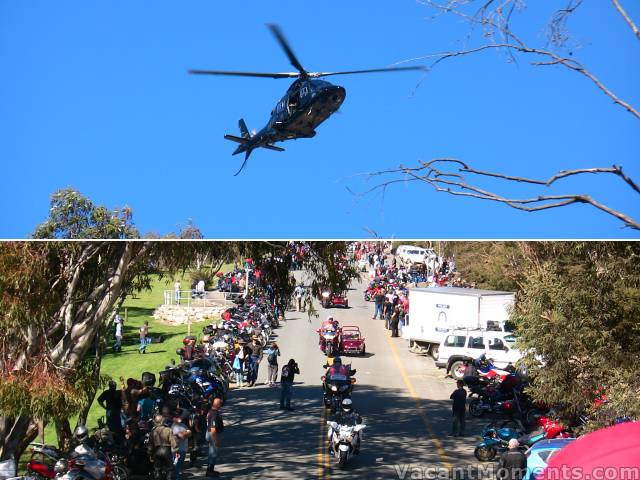 A Navy helicopter announced the arrival of the Snowy Ride Grand Parade