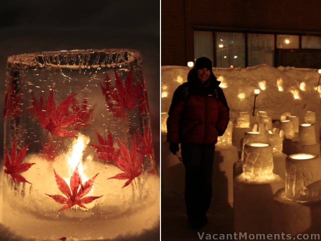 Karen walks amongst the displays of ice candles and snow candles