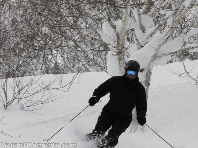 Skiing with Traktorman and Rosco meant Karen spent a lot of time in the trees