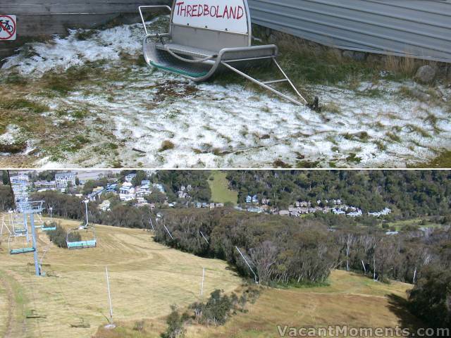 Yes, fresh white stuff outside Eagles Nest at noon on Saturday<br>Slope grooming has begun