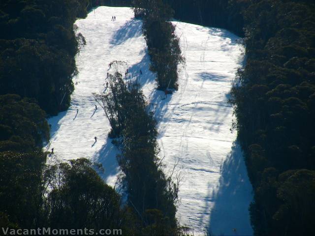 Close up of steeper gnarlier section of High Noon today<BR>Skiers' left was closed early today