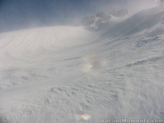 The wind and blowing snow made photos difficult<BR>Looking back up the natural half pipe