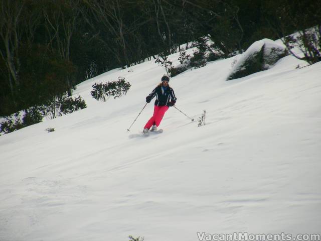 Marion at the bottom on Friday's first run<br>Yes, the base is firm