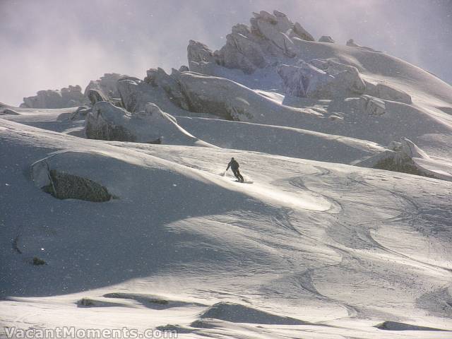 Lucky Phil descends through a light snow shower