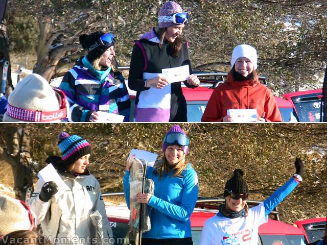 Women's Snowboard (L2R): Laura, Wiki & Maryanne<BR>Women's Open: Katya, Sami & Marie