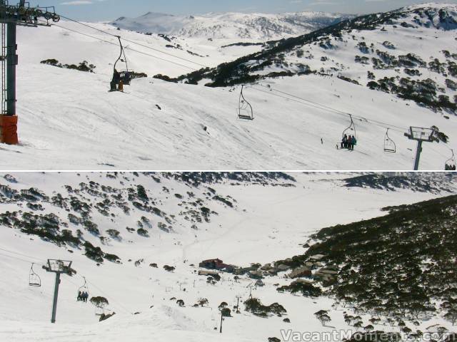 Top of the Kosciuszko Triple Chair and village below from Kangaroo Ridge