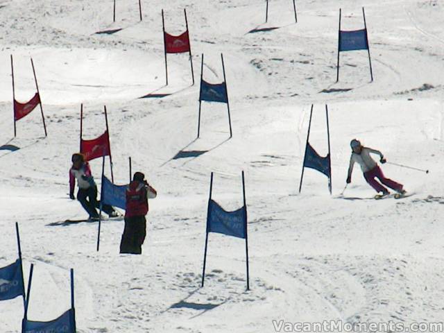 Lou & Linda fight it out for final placings in the female skier category