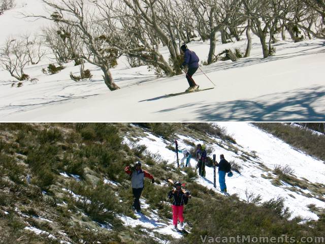 Edie on firm snow below the tree line<BR>Marion leads the walk-out at the bottom