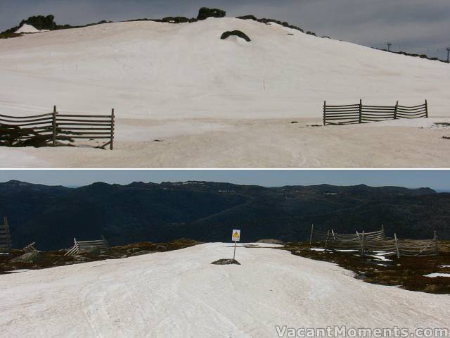 Top of Karels and below, the groomed run to the Basin<BR>The caution sign warned one of the impending wash out ;-)