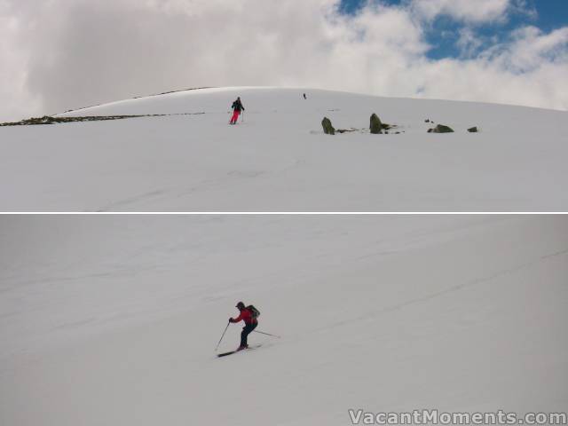 Marion and Jim skiing from the peak along the south ridge<BR>Jim near the bottom of the ridge