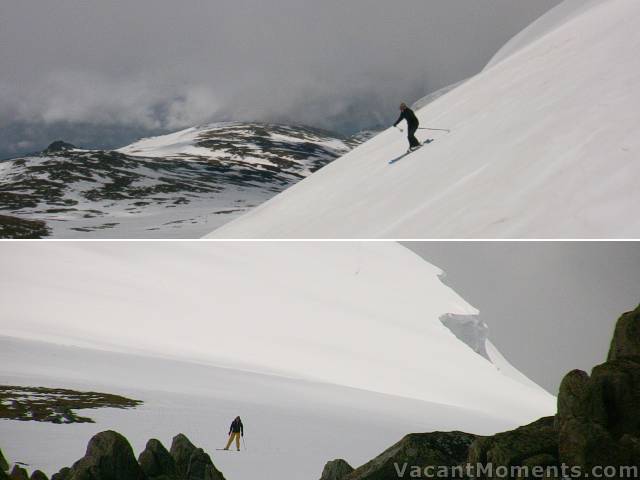 Sofia skiing Kosi face above Rawsons Pass<BR>Daniel on the south ridge with the cornice in the background