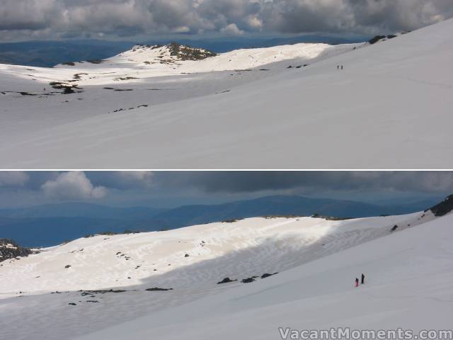 Marion and Jim in the vast expanses below south ridge<BR>looking towards Victoria