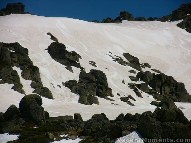 The Chutes - soon won't be skiable as the snow continues to melt<BR>Hard to see: wet snow also sliding on steeper sections