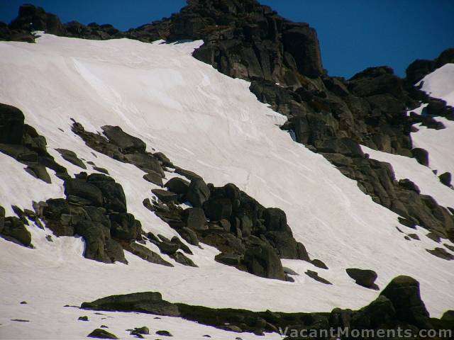 2 runs on North Face almost an hour apart. First on skiers' left<BR>The second on skier's right on slipping snow