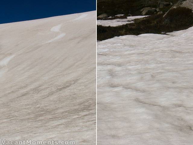 The firm snow is not smooth as you might expect.<BR>It's pitted and eroded and very bouncy.