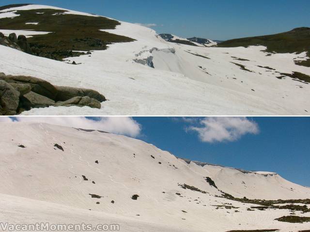 Kosi top left, narrow snow along South Ridge close to the cornice<BR>And the entire South Ridge cornice with my tracks on left